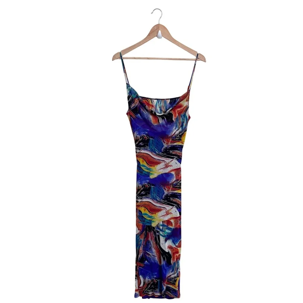 Mesh‎ Open Back Womens Abstract Artsy Cowl Neck Slip Midi Dress Size L Romantic